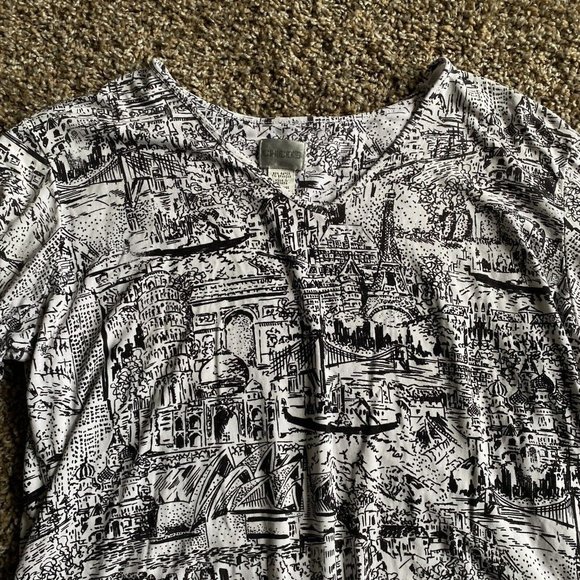 Chicos Womens Crop Top 2 Large White Black Art Graphic 3/4 Sleeve Soft Casual - Picture 2 of 12